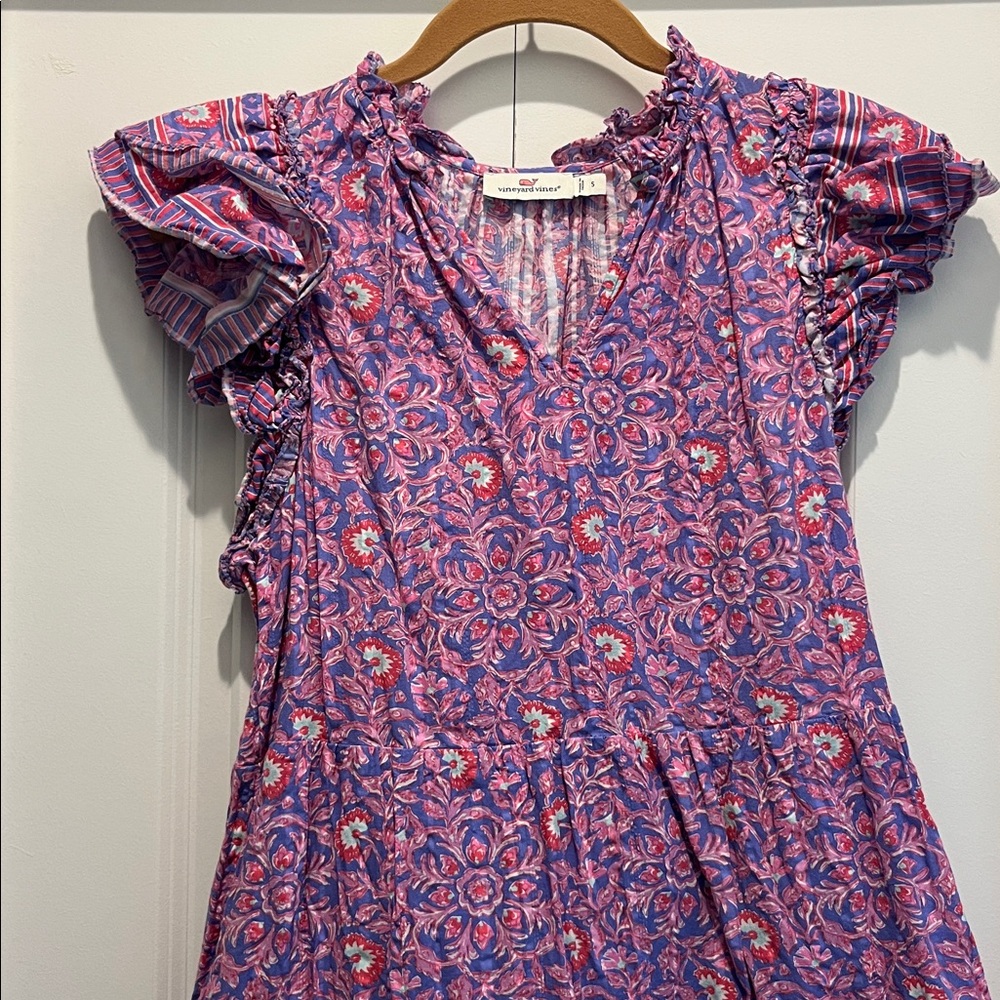 Vineyard Vines Katama Print Ruffle Dress size small purple and pink - Picture 2 of 4